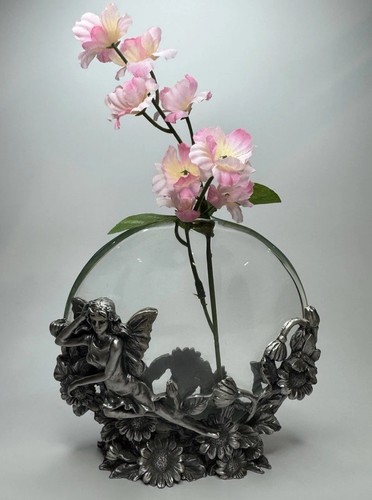 Whimsical Pewter Fairy Vase WF Sunflower Butterfly Round Glass w/ Flowers - Picture 11 of 20