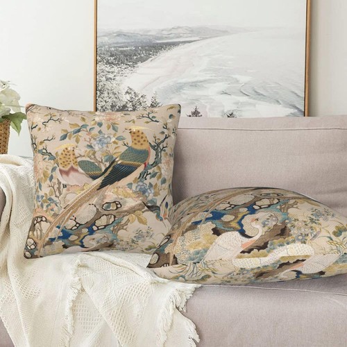 Chinoiserie Vintage Floral Bird Decorative Throw Pillow Covers 18x18 Inch Set... - Picture 4 of 8