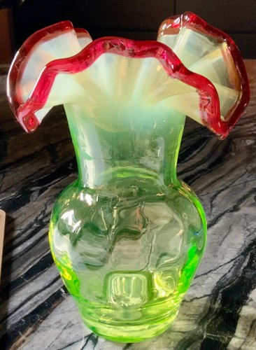 Gibson Glass Vaseline Art Glass 6-3/4” Vase w/ Opalescence & Oxblood Red Edge