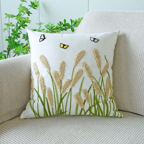 Embroidered Pillow Covers 18x18 Inch Set of 2, Beige Floral Throw Pillow Covers - Picture 5 of 9