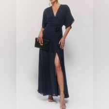 REFORMATION WINSLOW DRESS BLUE SHORT SLEEVE WRAP MAXI DRESS WOMENS SZ LARGE