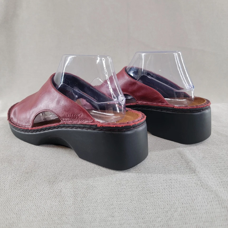 Sandálias femininas Naot Rome 41 EUA 10 couro vermelho vinho slides cunha slip on conforto - Imagem 4 de 4