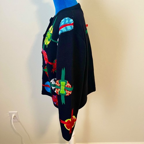 Vintage BEREK Beaded Sequined Holiday Cardigan Sweater Black Christmas Size L - Picture 3 of 9