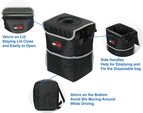 EPAuto Waterproof Car Trash Can with Lid and Storage Pockets, Black - Picture 4 of 6