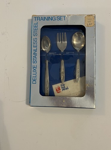 First Years Deluxe Stainless Taiwan Vintage Fork & Spoon Rose Pattern In Box