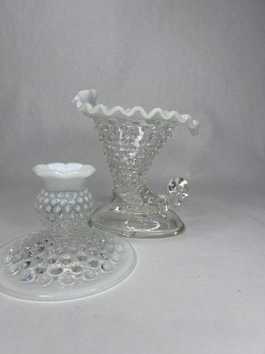 Pair Fenton White Opalescent Glass Hobnail Candle Holders - Picture 4 of 24