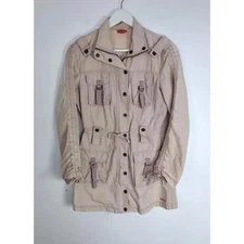 Elle Trench Jacket Size 12 M Beige Floral Embroidered Vintage Y2K 00s Ruched