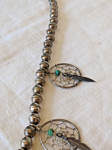 RARE NAVAJO DREAM CATCHER STERLING TURQUOISE SQUASH BLOSSOM NECKLACE 26" Long - Picture 3 of 6