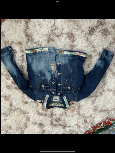 UPCYCLED GIRLS DENIM JEAN JACKET Size Large 4T Blue Floral Flowers - Picture 4 of 9