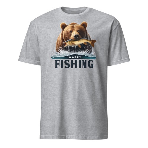 🐻 Grizzly Brown Bear Catching a Fish T-Shirt - 'Happy Fishing' Graphic Tee 🎣 - 第 5/12 張圖片