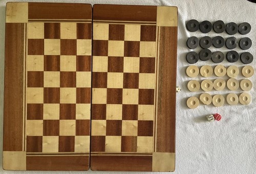 Vintage Large Folding Inlaid Gloss Chess Backgammon Draughts Checkers Board