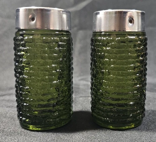 Anchor Hocking Soreno Avocado Salt & Pepper Shakers Vintage 1960s HEAVY!