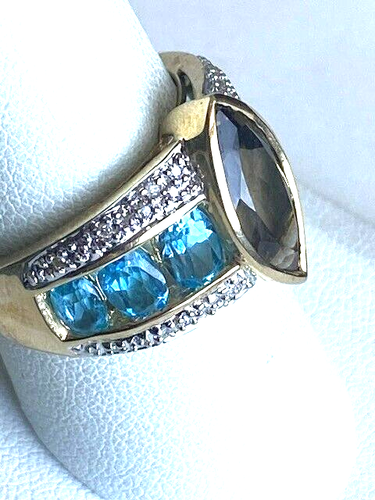 14K YELLOW GOLD SMOKY QUARTZ, TOPAZ AND DIAMOND COCKTAIL RING SIZE 9 - Picture 4 of 12