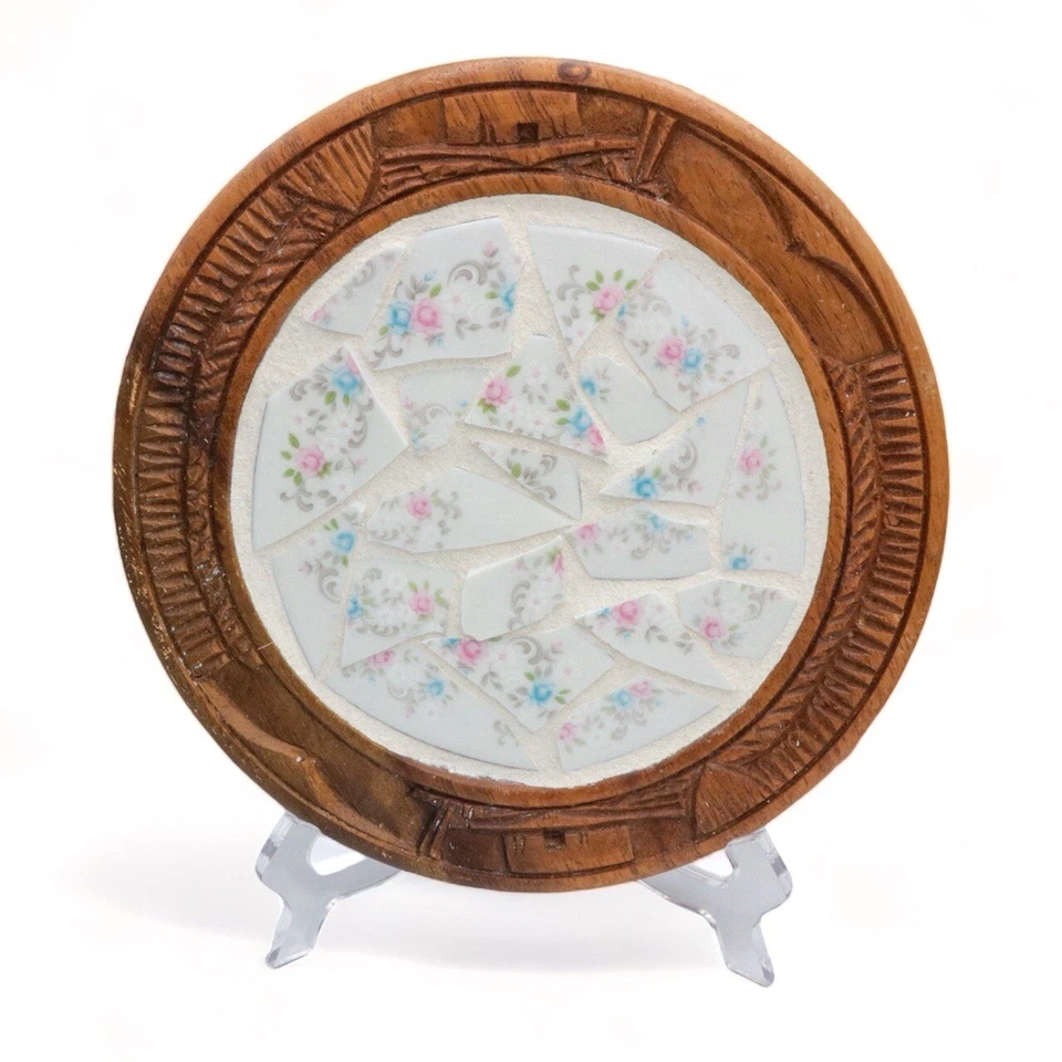 LOTE 3 placas de cargador decorativas florales de madera tallada de mosaico de China roto de colección Foto 4 de 4