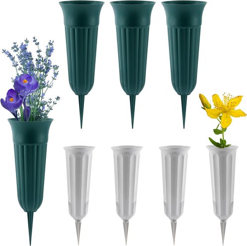 8 Pack Cemetery Vases for Grave- 2 Sizes of Plastic Flower Holders with Spikes,  - Imagen 11 de 12