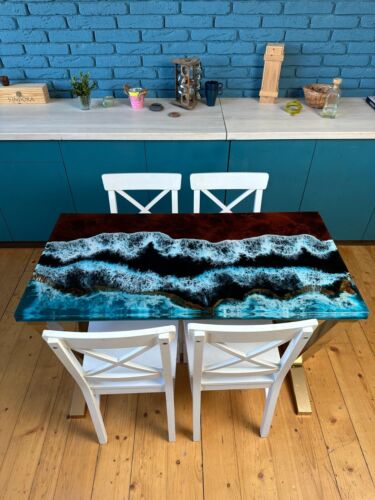 Ocean Waves Epoxy Resin Table | Custom Beach-Themed Coffee or Dining Table | Uni - Picture 2 of 14