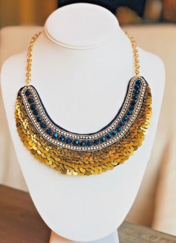 NWT CHICO'S CONTESSA Gold Sequin Blue Bead CZ STATEMENT BIB NECKLACE $69.50