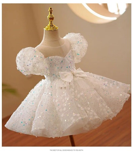 White Sequin Puffy Dress Toddler Girls Kids Korean Ball Gown  Evening Dresses - Picture 16 of 22