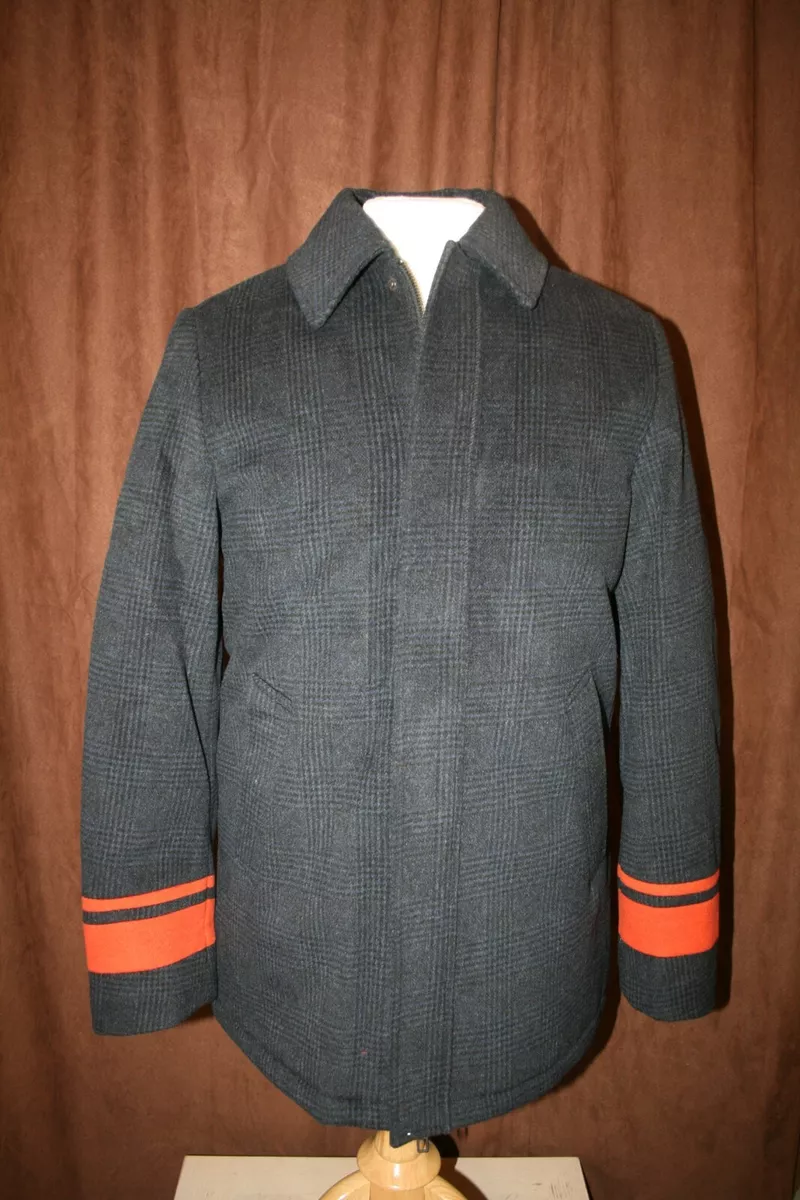 Calvin Klein Car Coat Navy Blue Orange Stripe Accent Wool Blend