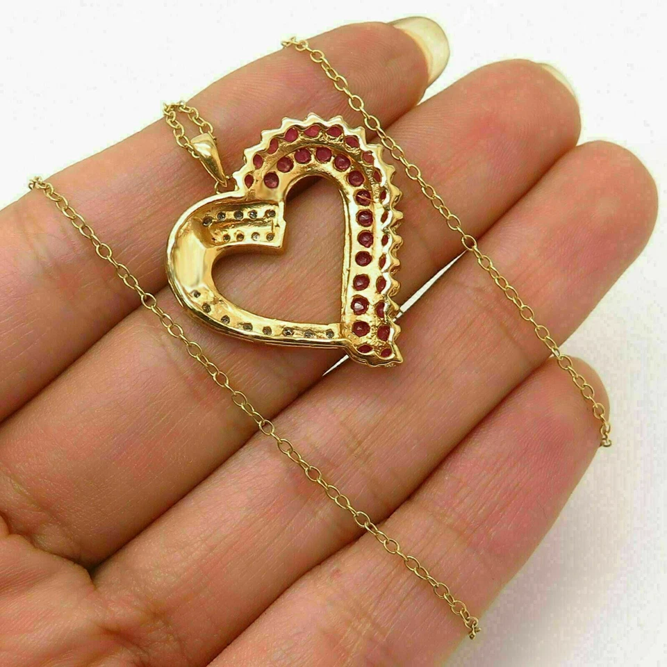 2Ct Round Cut Red Ruby & Diamond Heart Pendant 14K Yellow Gold Finish Free Chain - Image 2 of 4