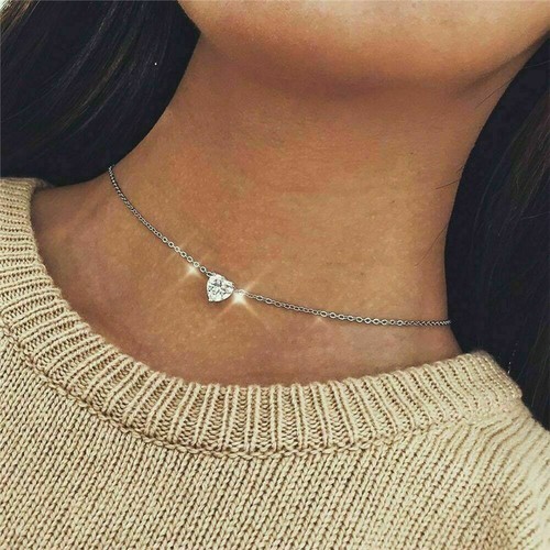 Women's Necklace Gold/Silver Choker Heart Crystal Necklace Elegance Pendant - Picture 5 of 13