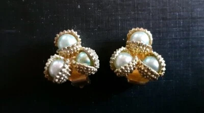 Clips d'oreilles ancien châtaigne bronze doré perle nacrée vert d'eau XIXème - Photo 1/4