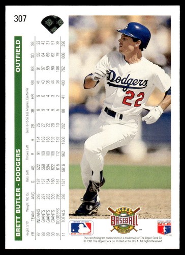 1992 Upper Deck 307 Brett Butler Los Angeles Dodgers Baseball Card - Picture 2 of 2