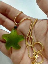 Sea Glass Starfish Pendant, Gold Snake Chain Necklace, 18 Inch Green