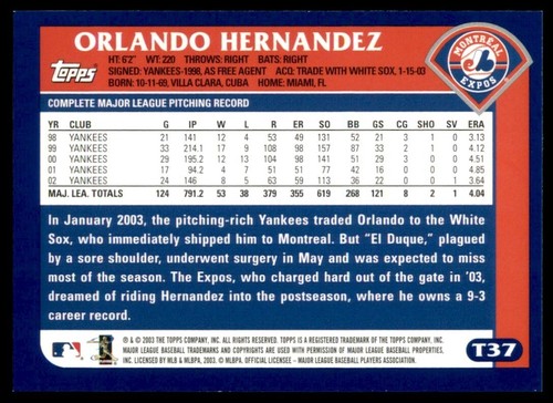2003 Topps Traded & Rookies #T37 Orlando Hernandez - Picture 2 of 2