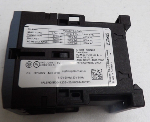 SIEMENS LEN00B004120B Lighting Contactor 20A-120V- 4 N/O CONTACTS, NEW - Picture 3 of 3