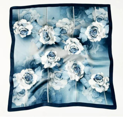 21''X21''Grey Blue Rose Print Pure Mulberry Satin Silk 12momme Scarf 53x53cm5-39