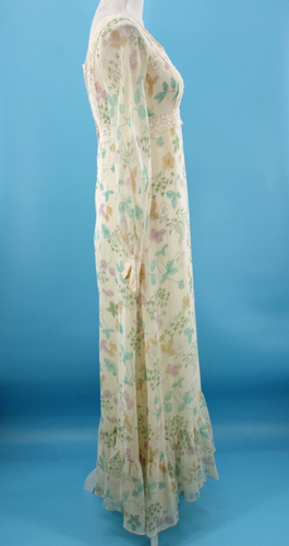 Maxi Vestido Pradera De Colección Para Mujer Años 70 Crema con Estampado de Hojas Pastel y Encaje XS/S 70s - Imagen 3 de 17