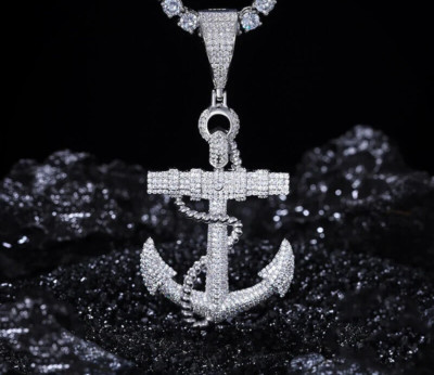 Men's 935 Silver Simulated 3.25 CT Round Cut Sapphire Anchor Hip Hop Pendant