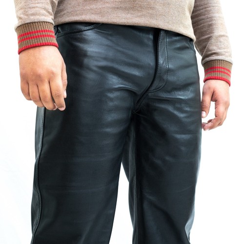 Herren Schwarz Pent Echtleder Motorrad Hose Freizeit Original Jeans Biker Stil - Bild 4 von 5