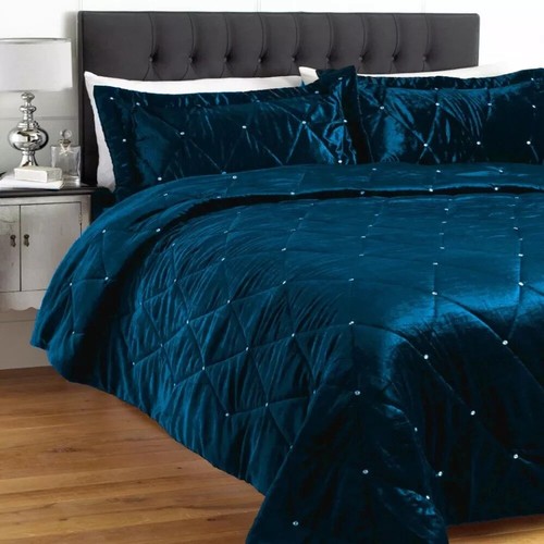 Spcl. 3 PC Single Aqua Blue Crystal Quilted Velvet Duvet Cover Set / Quilt Cover - Picture 2 of 4