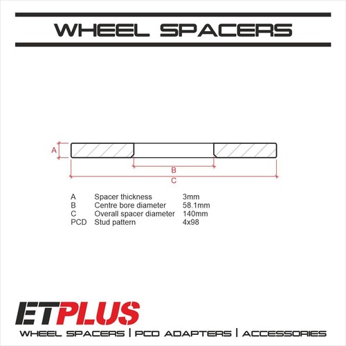 2 x 3mm Hubcentric Spacers 4x98 58.1 fit Fiat Siena Stilo - Picture 2 of 2