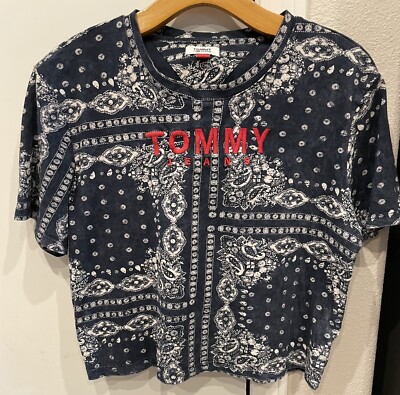 Tommy Jeans Capsule Retro Paisley Blue T-shirt Boxy Fit Blue Womens Small