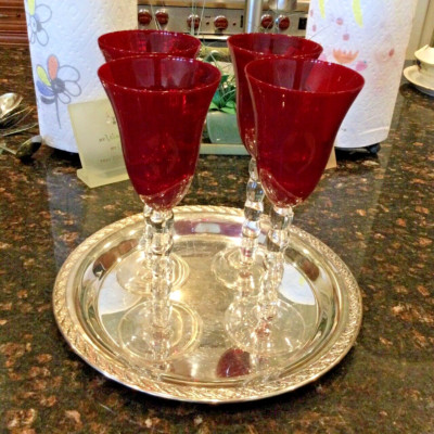 Set of 4 - 10''Handblown Clear Stacked Ball Stem Ruby Red Wine Goblets