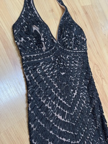 Sue Wong Lace Beaded Halter Tulle Dress Maxi Gown Sz 6 Black Nude Gorgeous EUC - Bild 4 von 14