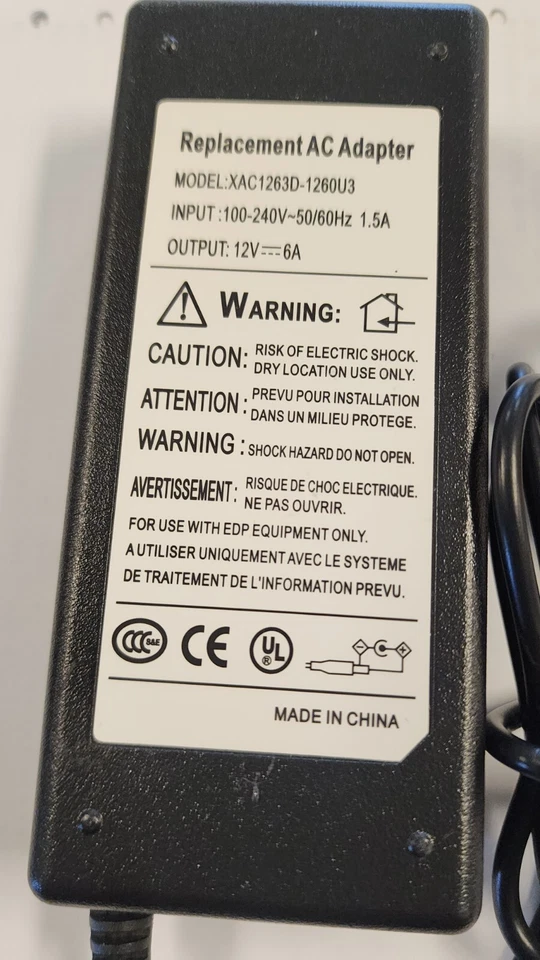 12V 6A XAC1263D-1260U3 AC-DC Adapter Charger Power Supply Cord For LCD Monitor 0 - Image 2 of 3