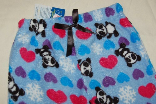 Girls Pajamas BLUE PLUSH SLEEP PANTS Red Purple Hearts PANDA BEARS S 6-6X - Picture 2 of 2