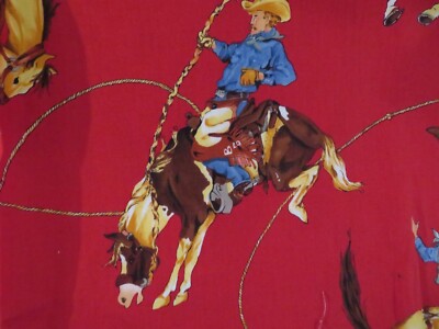 Vintage Cowboy Bucking Broncos on True RED Alaxander Henry Never Used Fabric