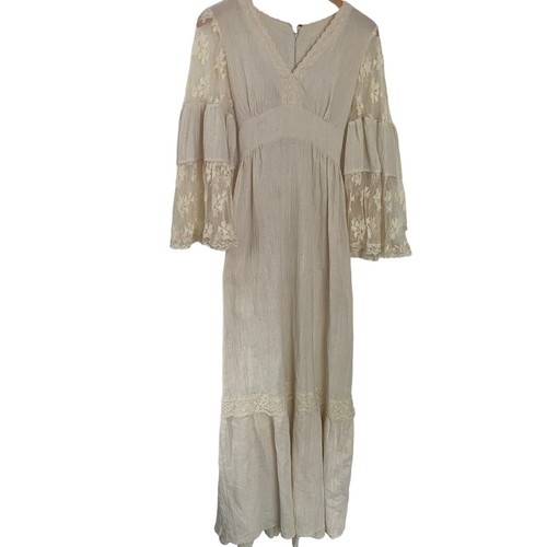 Vintage 70s Bohemian Maxi Wedding Dress XS Cream V Neck Lace Bell Sleeves Hippie - Bild 2 von 8
