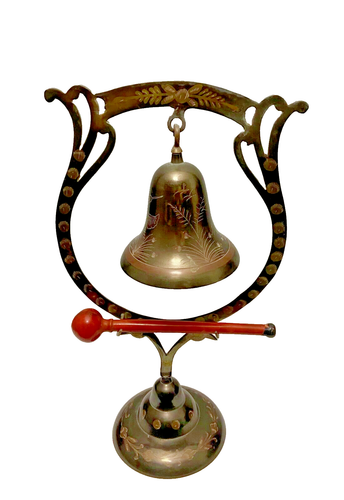 Vintage Solid Brass Meditation Bell Hanging Gong Ornate Stand 16” Tall India