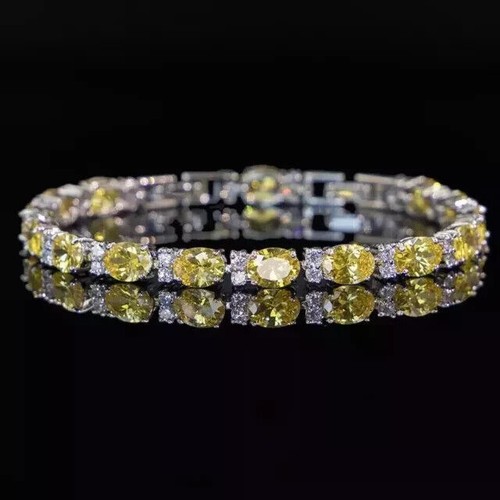 Oval Cut Lab Created 10CT Citrine Diamond Tennis Bracelet 14K White Gold Plated - Picture 2 of 4