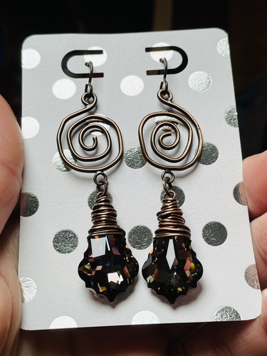 Copper Swirl Earrings w Bronze Swarovski Niobium Wires ARTISAN MADE swirls - Picture 8 of 13
