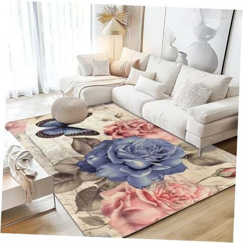 Area Rugs 5x7 Rose Flower with Butterfly Washable Rug Living Room Rug Soft - Picture 1 of 8