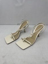 Bottega Veneta Neutral Cream Leather Square Toe Stretch Heels Sandal Size 38.5