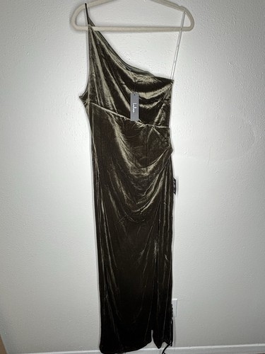 Lulus Velvet One-Shoulder Maxi Dress Olive Green Slit Rush Elegant Stretch NWT - Picture 2 of 7