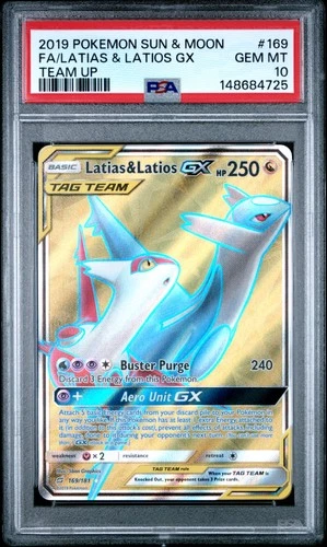 2019 POKEMON SUN & MOON TEAM UP #169 FULL ART/LATIAS & LATIOS GX PSA 10